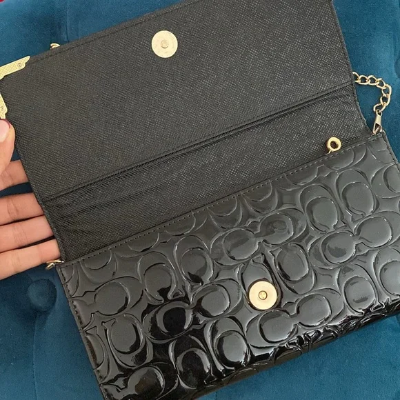 Coach Black Patent Leather Signature Embossed Clutch with brass hardware & strap - Picture 2 of 4